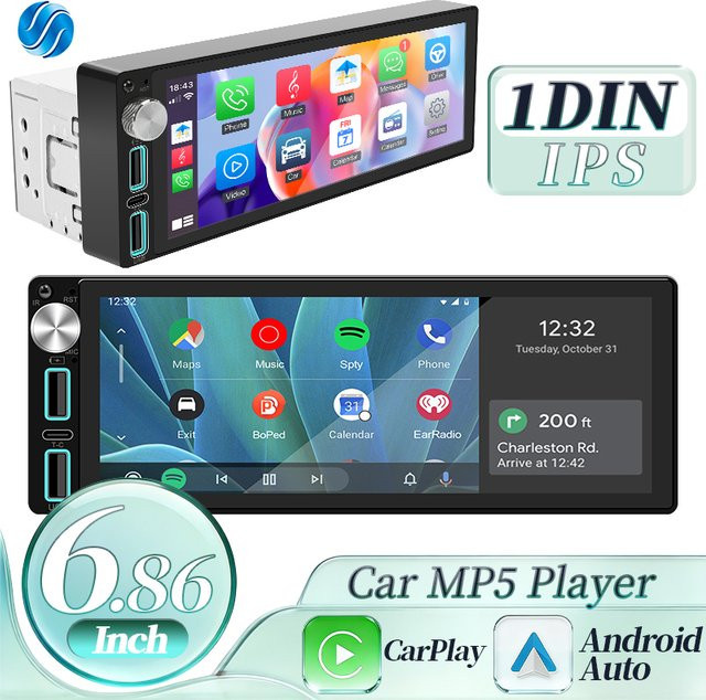 HIPPCRON 1Din Autoradio mit 6,86 Zoll Display, Carplay, Android Auto, Bluetooth, USB-C und FM, Schwarz - Bild 1