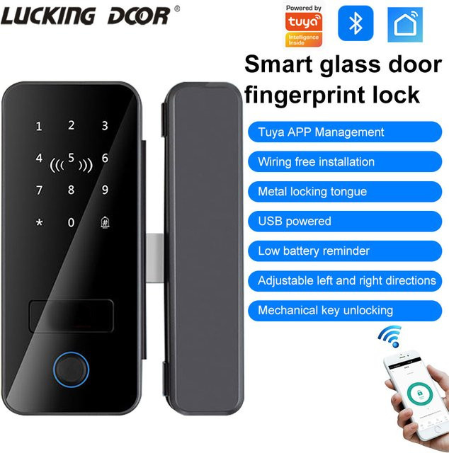 LUCKING DOOR Biometrisches Fingerabdruck-Glastürschloss in Schwarz mit Tuya App Unterstützung, WLAN-Gateway und Fernbedienung - Bild 1