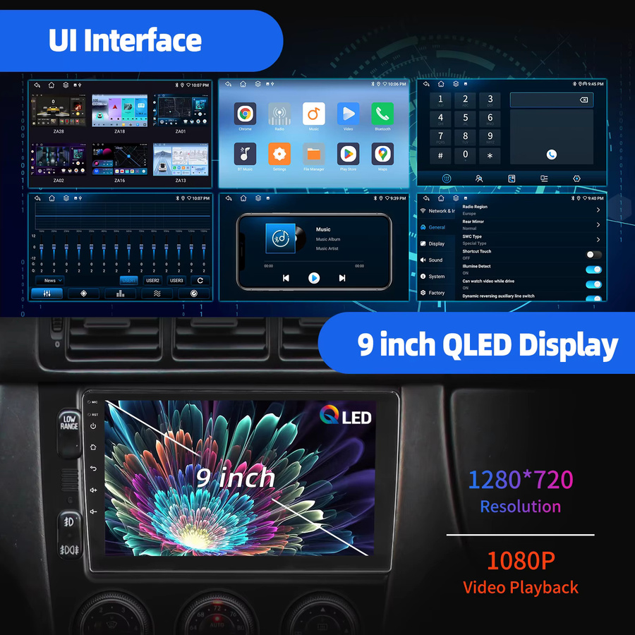 ESSGOO Android 15 Autoradio mit 9 Zoll QLED Display, 6+128GB Speicher, 8 Kern, kabelloses CarPlay, Android Auto, Bluetooth, GPS und 4G, Schwarz - Bild 2