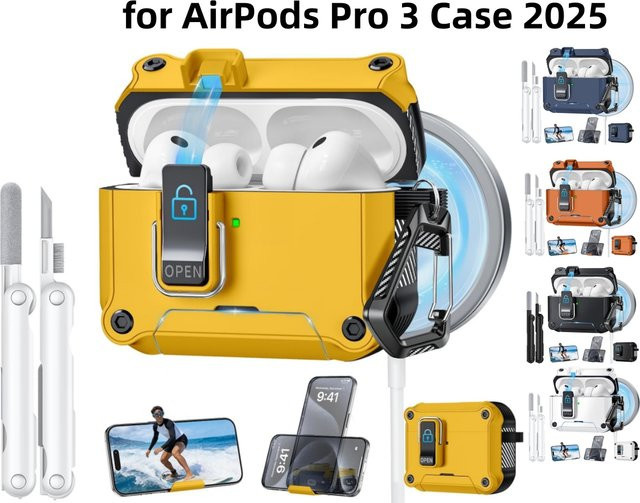Robuste Schutzhülle für Apple AirPods Pro 3 mit Doppel-Sicherheitsschloss, automatischem Schalter und Handyständer - Bild 1