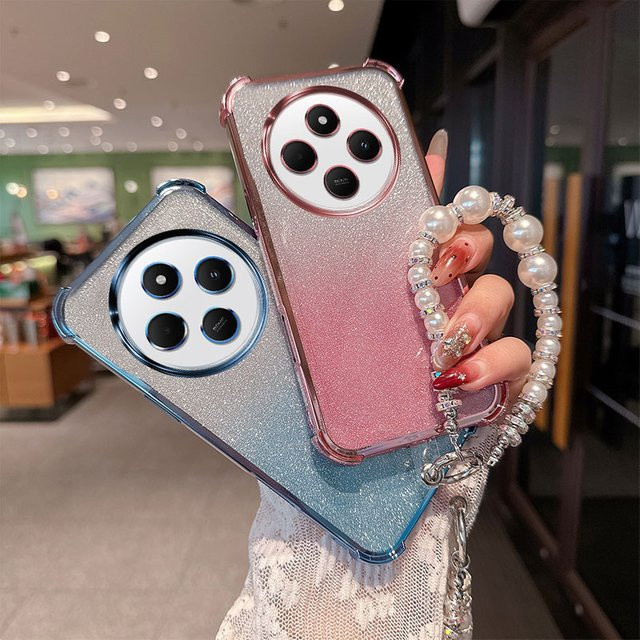 Luxuriöse Xiaomi Handyhülle aus stoßfestem TPU mit Gradient Glitter Effekt und Perlenketten-Handschlaufen in Pink für Xiaomi Redmi 14C 14R Poco C75 M7 5G - Bild 1