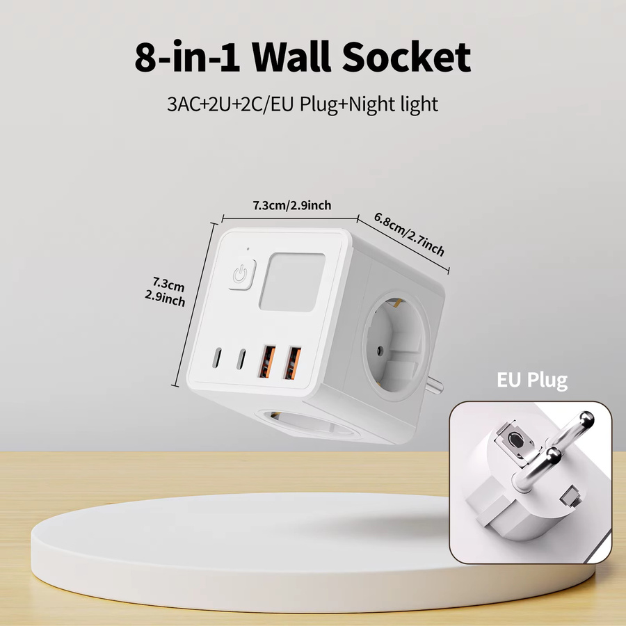 Guwansenen Steckdosenleiste in Weiß mit 3 AC-Steckdosen, 2 USB-A und 2 USB-C Anschlüssen sowie dreifarbigem Nachtlicht - Bild 2