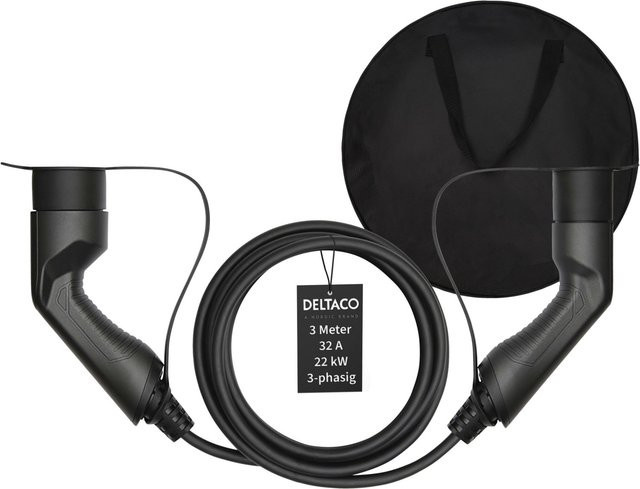 Deltaco EV-3203B Ladekabel 3-phasig IEC Typ2 auf Typ2 32A 22kW Schwarz inklusive Tasche, Länge: 3 m - Bild 1