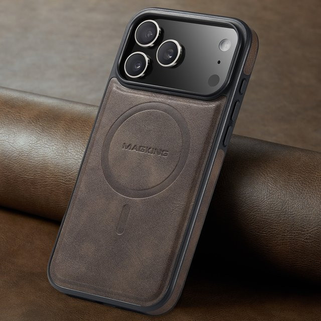 HKNR Leder Schutzhülle mit MagSafe Magnetischem Laden für iPhone 17 Air 16 15 14 Plus 13 12 Pro Max 16e in Braun - Bild 1