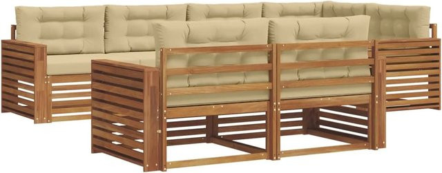 vidaXL Outdoor-Sofagarnitur 7-tlg. aus Massivholz in L-Form, Farbe Natur und Beige - Bild 1