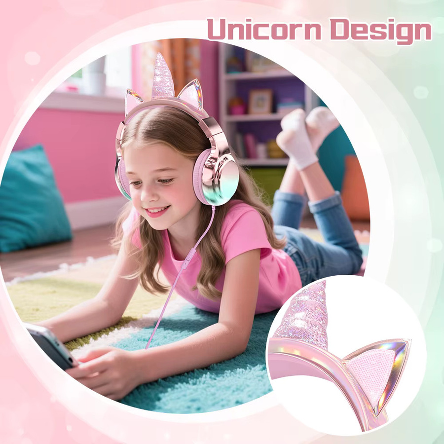QearFun Einhorn-Kopfhörer für Kinder und Mädchen in Pink mit Mikrofon, faltbares Kabel-Headset mit 85/94 dB Lautstärke für Tablet und iPad - Bild 3