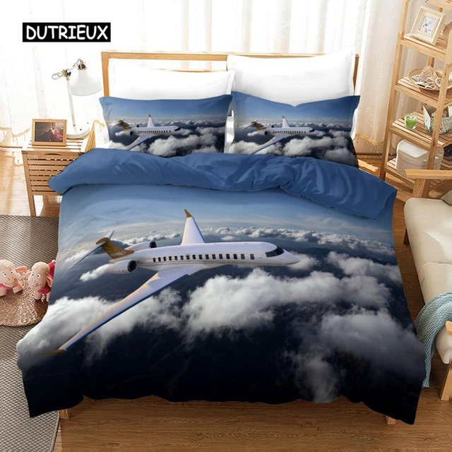 Bettwäscheset mit Flugzeug-Motiv aus Mikrofaser von Binchi Outdoor Product in Grau und Blau, B/H: 135 x 200 cm - Bild 1