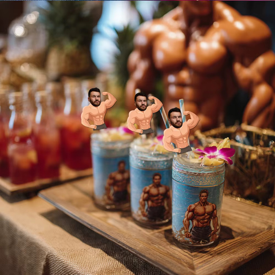 WEIGAO Geburtstagsdekorations-Set mit Cartoon-Muskelmann-Gesicht, Foto-Banner, Geschenkaufklebern und Kuchendekoration in Mehrfarbig - Bild 3
