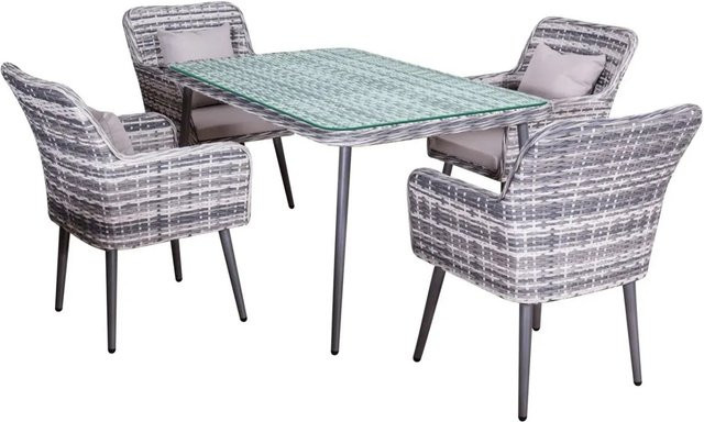 Jet-Line Rattan Gartenmöbelset Lima in Grau, 5-teilige Essgruppe mit Tisch und 4 Stühlen aus Aluminium und Glas inklusive Kissen - Bild 1