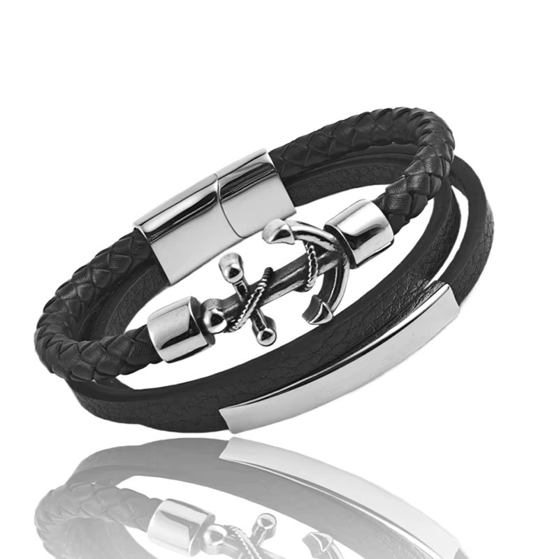 jiangmingao Armband, Leder-Seil, Edelstahl, Schwarz, Herren - Bild 4