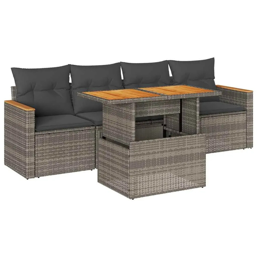 vidaXL 5-teilige Garten-Sofagarnitur aus Poly-Rattan und Akazienholz in Grau mit Kissen - Bild 2