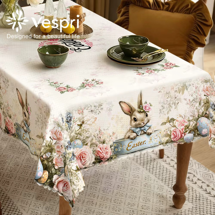 Vespri Oster-Tischdecke aus Polyester mit floralem Hase- und Rosenblüten-Design in Weiß und Rosa für runde Tische - Bild 4