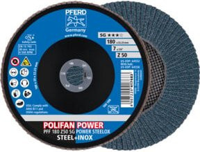 PFERD TOOLS POLIFAN POWER Fächerscheibe PFF SG STEELOX für Stahl und Edelstahl, Blau, Durchmesser: 180 mm, Bohrung: 22,23 mm - Bild 1