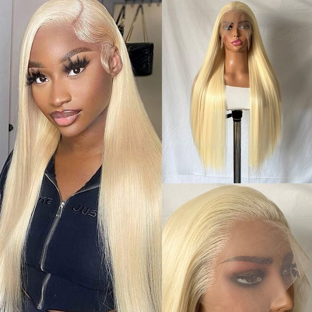 Hellblonde Perücke für Damen, 66 cm glattes Synthetikhaar, HD-Spitze-Frontal - Bild 1