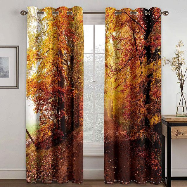 Dekorative 3D Herbstwald Vorhänge mit gelber Waldlandschaft, 2 Paneele aus Polyester, B: 70 cm, H: 245 cm - Bild 1
