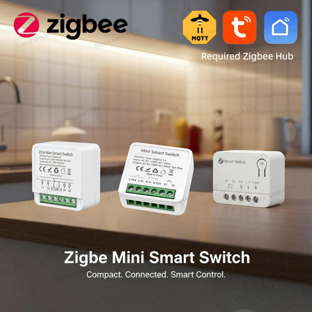 Gleco Zigbee Smart Switch Modul Mini in Weiß, 1/2/3-Kanal Smart Home Relais für Tuya, Z2M, Alexa und Google Home, 10A/16A Automatisierungs-Schalter - Bild 1