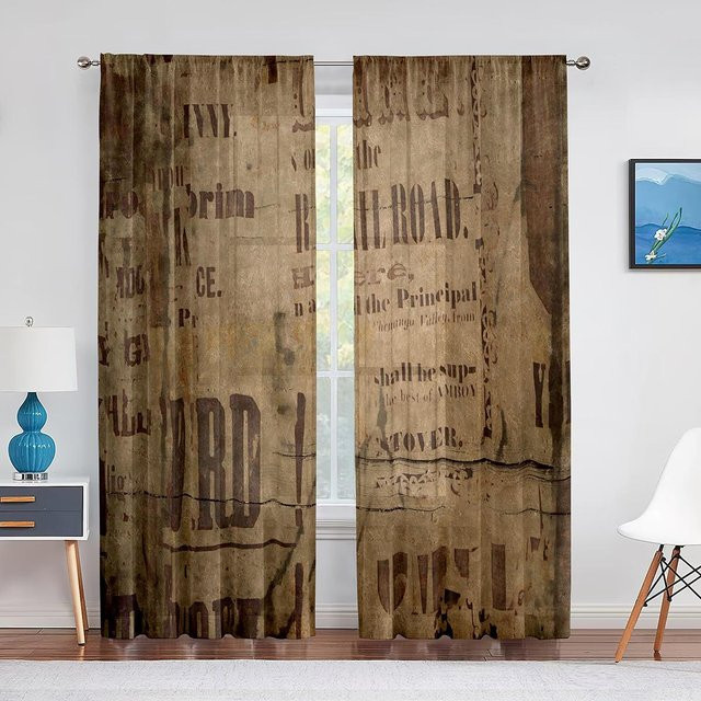 Transparenter Vorhang im Vintage-Stil mit historischem Zeitungsmuster von Binchi Outdoor Equipment, Farbe Beige, B/H: 100 x 250 cm - Bild 1