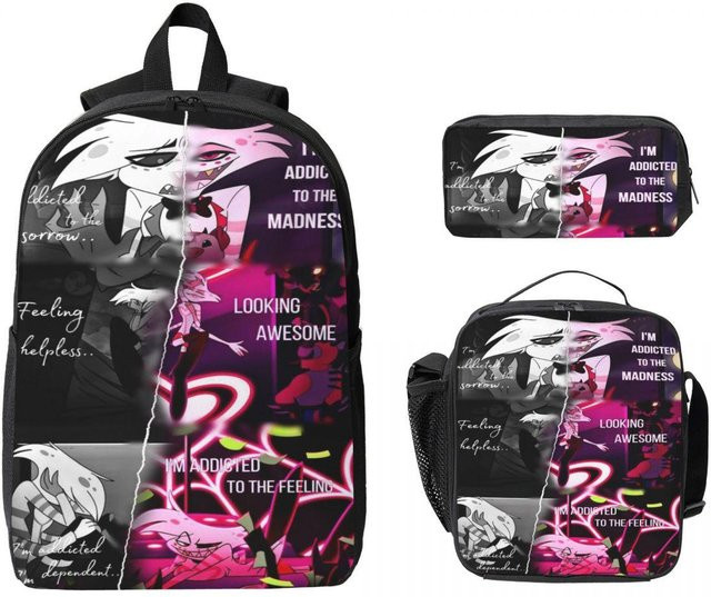 3-teiliges Hazbins Hotel Schultaschen-Set von Fancy Style Studio mit Rucksack, Federmäppchen und Brotdose in Grau und Multicolour - Bild 1