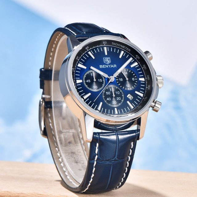 BENYAR Armbanduhr Quarz, Leder, Blau, 46 mm, Herren - Bild 1