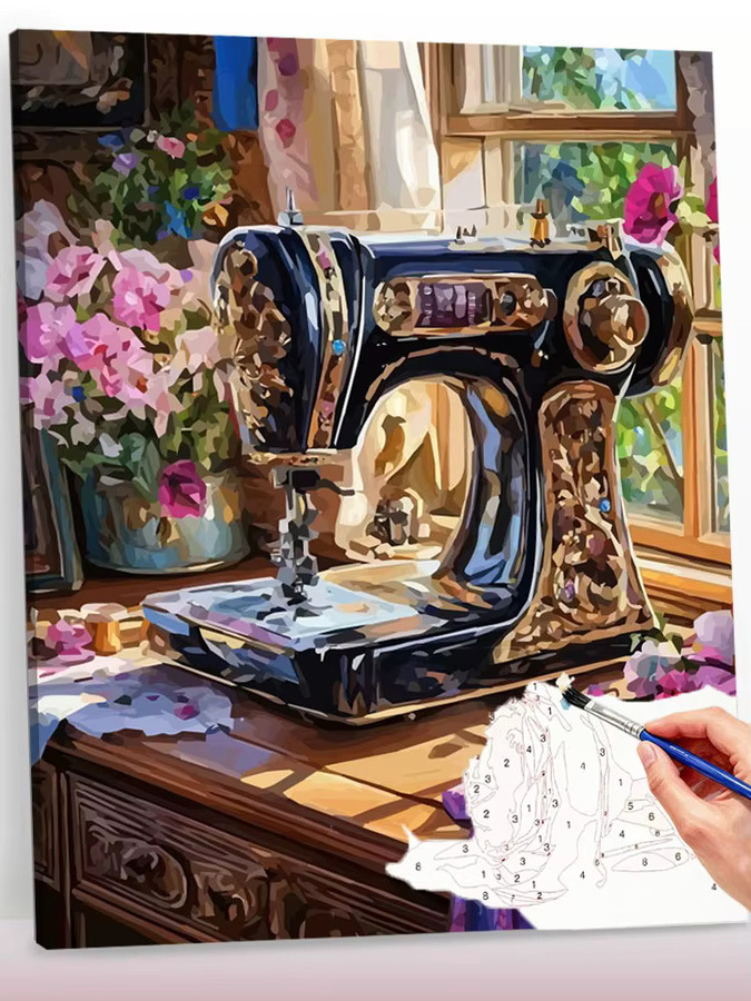 Huacan Malen nach Zahlen Set mit Nähmaschine und Blumen-Motiv auf Leinwand, Vintage Wandkunst in Mehrfarbig - Bild 5