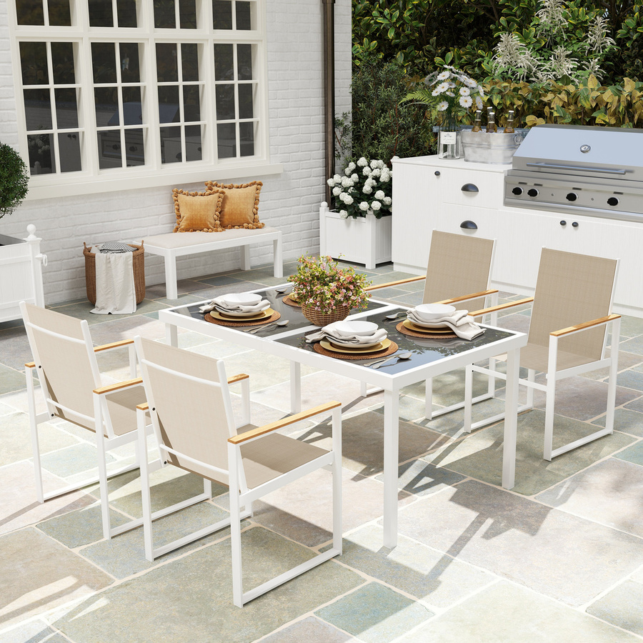 Outsunny 5-teilige Sitzgruppe für 4 Personen mit Esstisch und 4 Stühlen, Esszimmergruppe mit Glasplatte und Stahlgestell für Garten, Terrasse und Balkon, Mehrfarbig - Bild 2
