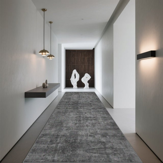 LYAHKAE Läufer-Teppich in Grau, moderner Korridor-Teppich mit abstraktem Design für Flur und Wohnzimmer, pflegeleicht und rechteckig - Bild 1