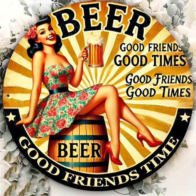 Retro Beer Lady Aluminiumschild von Potdemiel in Schwarz, runde Wandkunst mit Foliengravur, Durchmesser: 20,3 cm - Bild 1