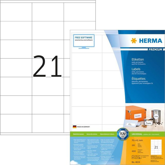HERMA Premium Universaletiketten weiß, permanent selbstklebend, bedruckbar, FSC-Papier, Breite: 70 mm, Höhe: 41 mm - Bild 1