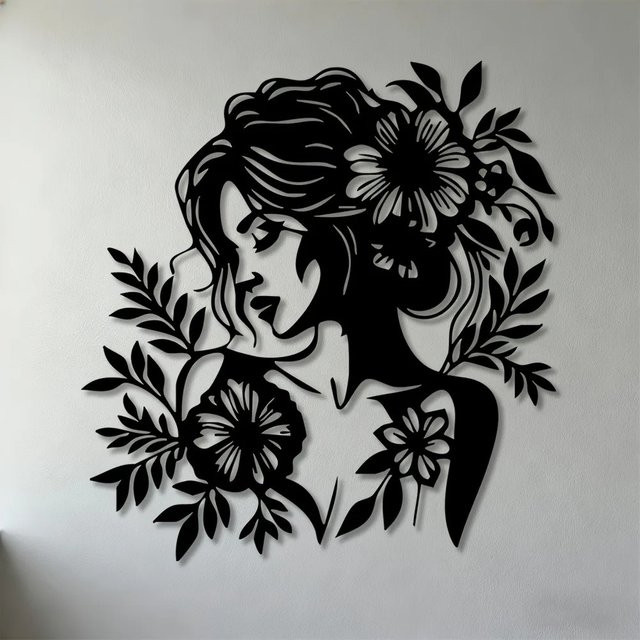 CIFBUY Wandkunst aus Eisenmetall mit minimalistischer Blumen-Frauensilhouette in Schwarz als moderne Retro-Dekoration für dein Wohnzimmer - Bild 1