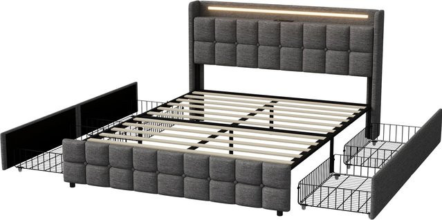 PXloue Polsterbett mit 4 Schubladen, USB-Ladefunktion und LED-Beleuchtung, B/T/H: 160 x 200 x 103,5 cm, Stoffbezug in Grau oder Beige - Bild 1