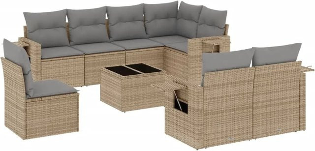 vidaXL 9-tlg Garten-Sofagarnitur in L-Form aus Poly-Rattan mit Kissen in Beige-Grau - Bild 1
