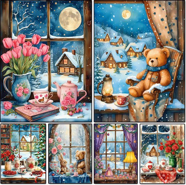Potdemiel Diamant-Malerei-Set Winterlandschaft mit Bär und Mond als DIY-Mosaik-Dekoration für dein Zuhause - Bild 1