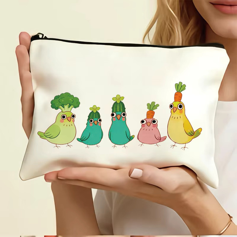 Kreative Leinwand-Tasche mit Gemüse- und Vogelmotiv als tragbare Stiftepoche und kleine Aufbewahrungstasche in Weiß - Bild 1