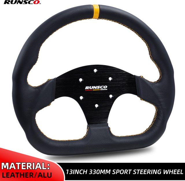 Runsco Sportlenkrad für PC Simulationsspiele in Schwarz-Weiß, 330 mm Durchmesser, Leder, Universal 70 mm PCD für Karting, Drift und Racing - Bild 1