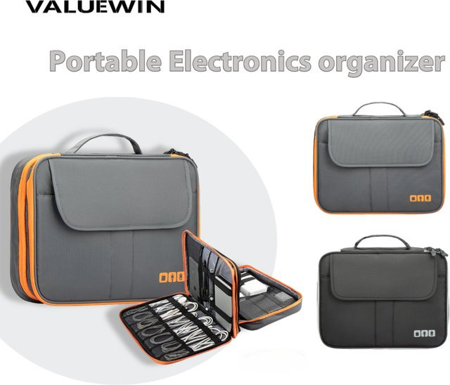 ValueWin Reise-Kabelaufbewahrungstasche für USB-Datenkabel und Ladegeräte, mehrschichtige Elektronik-Tasche in Grau - Bild 1
