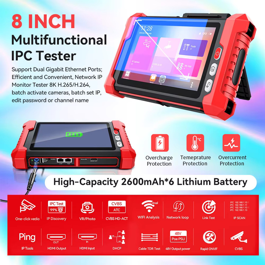 NOYAFA NF-IPC728HSO 8-Zoll IP-Kamera-Tester mit 8K IPC CCTV-Funktion, 48V PoE-Ausgang, ONVIF, TDR, HDMI und VGA Kabeltestgerät in Rot - Bild 2