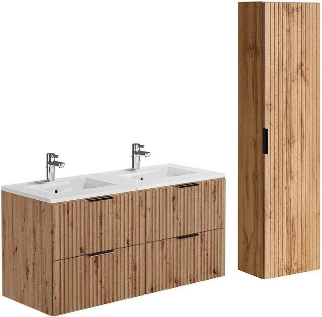 Vente-unique Badmöbel-Set Zevara in Naturfarben Hell mit Waschbeckenunterschrank, Einbauwaschbecken und Badhochschrank in Streifenoptik, Breite: 120 cm - Bild 1