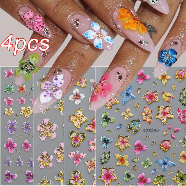 MingLee Nagelaufkleber, 4 Stück, 5D Geprägte Hibiskus-Blumen, Bunt - Bild 1