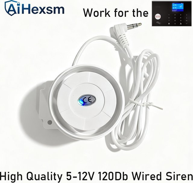 AiHexsm Alarmhorn Buzzer mit 120dB Hochdezibel, weißer Diebstahlalarm und Polizeisirene, verkabelt (5-12V) mit Audioanschluss - Bild 1