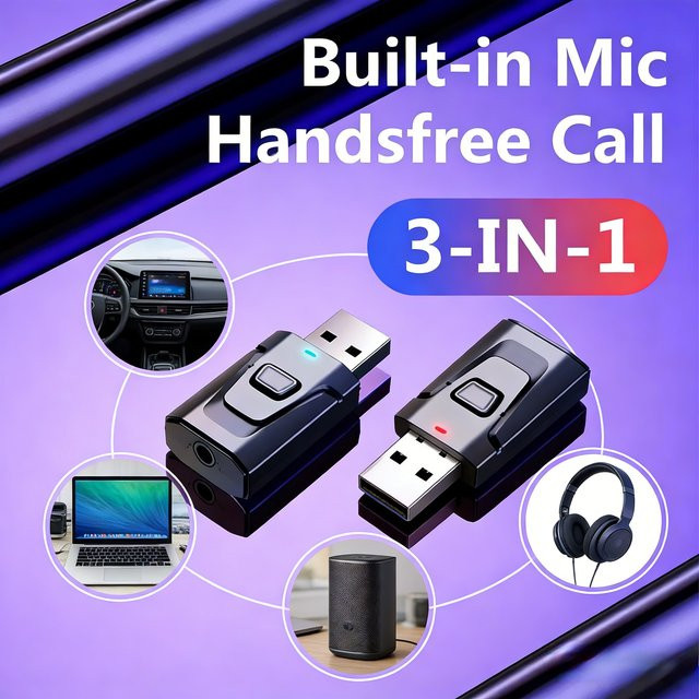 VIKEFON 3-in-1 Bluetooth 5.0 Adapter in Schwarz als Sender und Empfänger mit USB und 3,5 mm AUX für TV, PC, Kopfhörer und HIFI-Audio - Bild 1