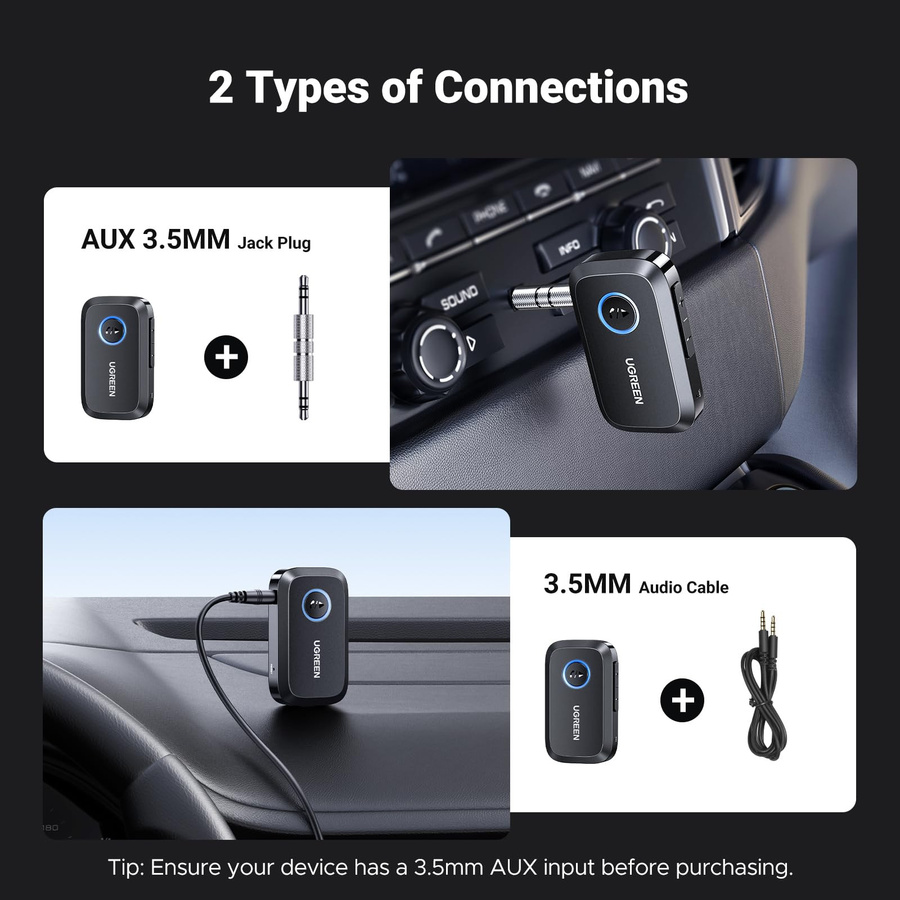 UGREEN Bluetooth 5.3 Empfänger CM596 Schwarz mit 3,5 mm Klinke und USB-C Unterstützung für Stereo Audio via SBC/AAC - Bild 5
