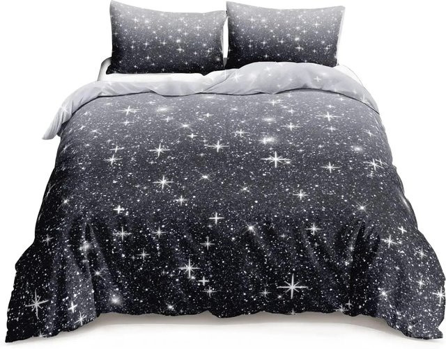 JMG Household Supplies Bettwäsche Set Galaxie Design mit Mond und Sternen, Blau Rosa Lila Schwarz, B/H: 135 x 200 cm - Bild 1