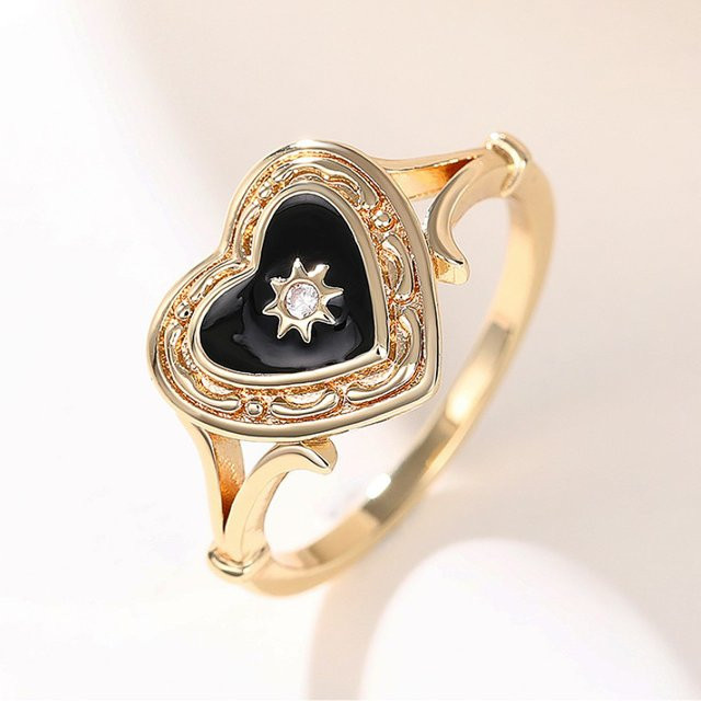 Huitan Ringe, Schwarze Herz-Emaille, Sonnen-Design, Damen - Bild 1