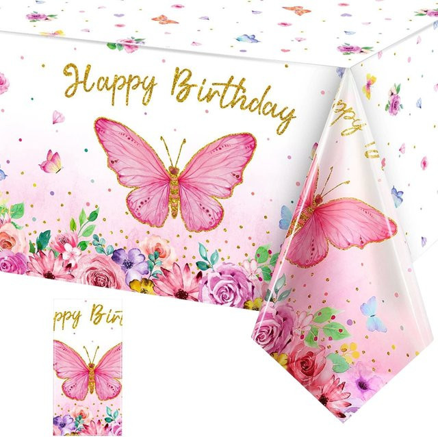 Wasserdichte Tischdecke von Wayfun mit Schmetterlings-Motiv in Rosa und Lila für Kindergeburtstage und Babypartys - Bild 1