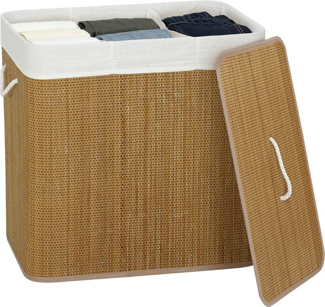 Homcom Wäschekorb aus Bambus mit Deckel und 3 Fächern, 144l, Braun/Weiß, B/T/H: 60 x 40 x 60 cm - Bild 1