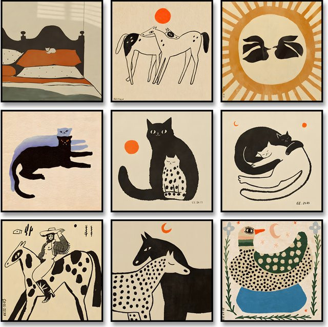 Abstraktes Tier-Kunstposter Potdemiel mit gepunktetem Hund auf Leinwand, Mehrfarbiges Wandbild im Vintage-Stil für deine Heimdekoration - Bild 1