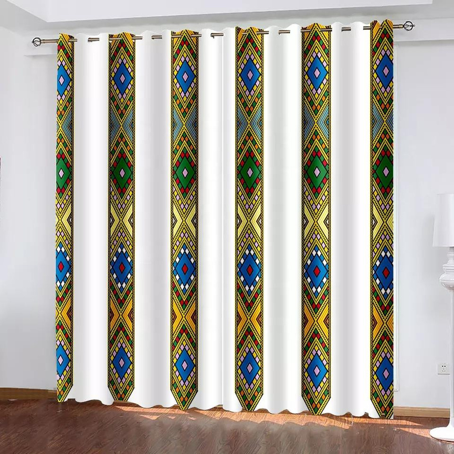 2er-Set traditionelle Vorhänge im äthiopisch-eritreischen Fliesendesign aus Polyester, halbtransparent, Mehrfarbig, B: 60 cm, H: 60 cm - Bild 1