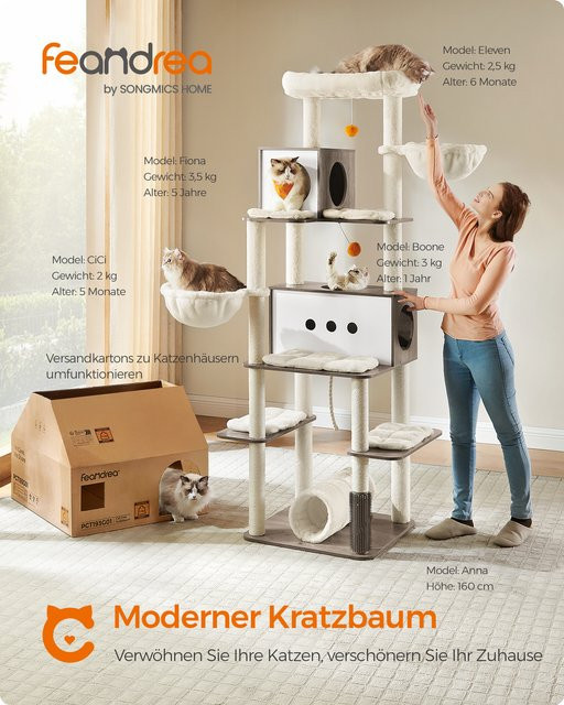 Feandrea Kratzbaum XXL in Braun und Weiß, moderner Katzenbaum mit 2 Höhlen und 2 Liegemulden, Höhe: 197 cm - Bild 1