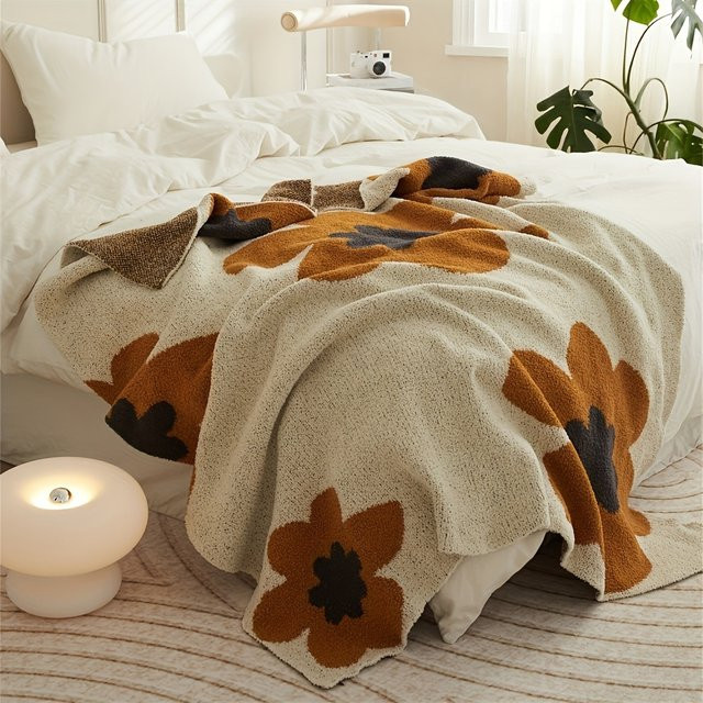 VIKAMA Kuschelige Gänseblümchen-Decke in Khaki und Beige mit floralem Boho-Design - Bild 1