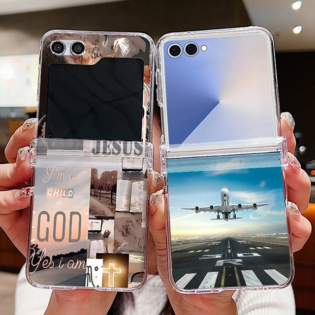 Transparente Handyhülle mit Flugzeug-Blumen-Design für Samsung Galaxy Z Flip 7 FE, Z Flip 6, Z Flip 5, Z Flip 4 und Z Flip 3 5G aus hartem PC - Bild 1